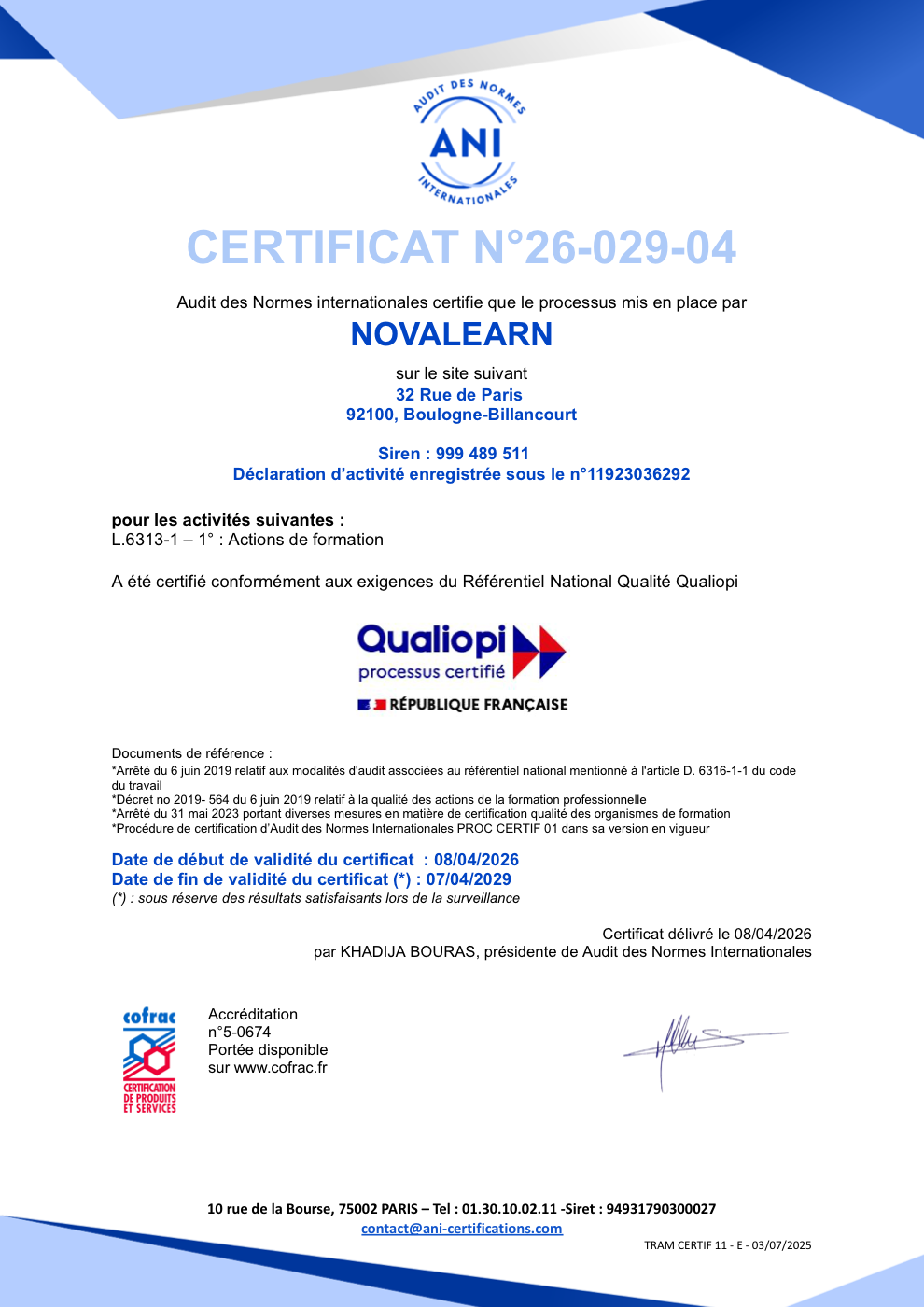 Certificat Qualiopi de Nova Learn — n° 26-029-04